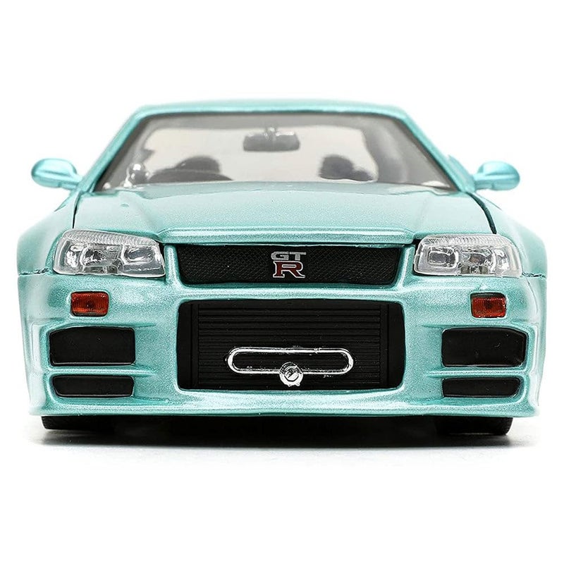 JADA لعبة جادا تويز فاست آند فيوريوس 1:24 سيارة براين 2002 نيسان سكايلاين GT-R R34 زرقاء خضراء مصنوعة من المعدن، ألعاب للأطفال والبالغين - Image 3