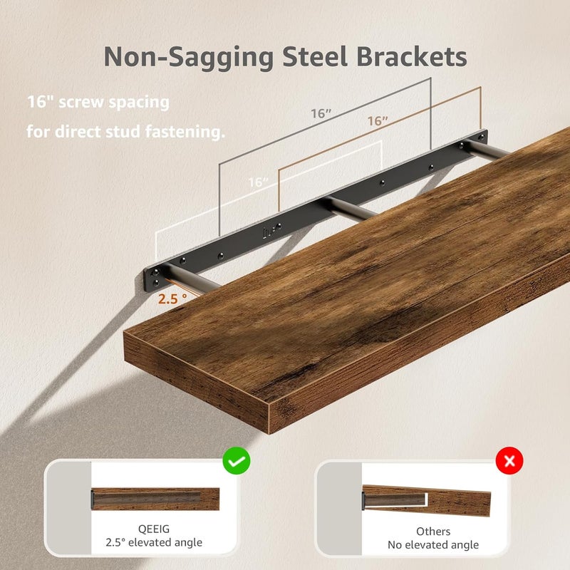 QEEIG Floating Shelves for Wall 31.5" Long - Wall Mounted Shelf Bathroom Kitchen Living Room Bedroom Farmhouse Home Decor Display Bookshelf Large 31.5 x 9.3 inch Set of 2, Rustic Brown (008-80BN) - Image 4