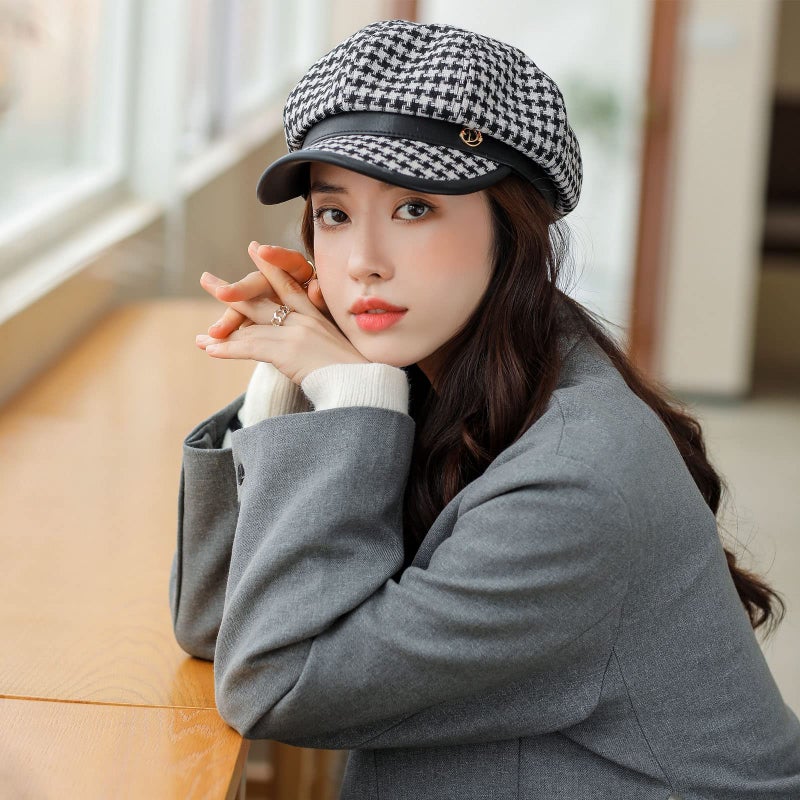 KORIXINE Black and White Newsboy Hats for Women - Womens Houndstooth Beret Hat Fashion Cute Plaid Cap Adjustable for Spring Summer Trendy Dressy - Image 2