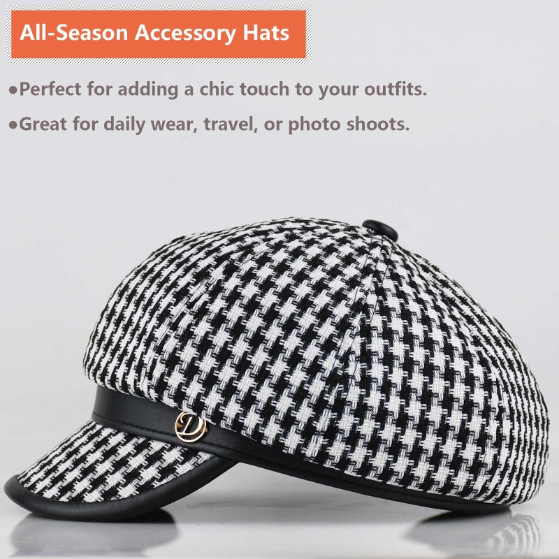 KORIXINE Black and White Newsboy Hats for Women - Womens Houndstooth Beret Hat Fashion Cute Plaid Cap Adjustable for Spring Summer Trendy Dressy - Image 4