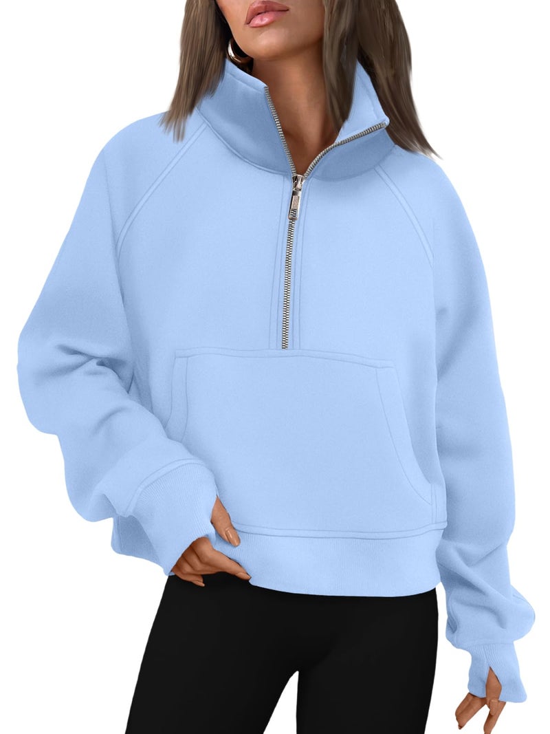 AUTOMET Womens Sweatshirts Half Zip Cropped Pullover Fleece Quarter Zipper Sweater Hoodies 2026 Fall Fashion Outfits Clothes LightBlue Medium - Image 1