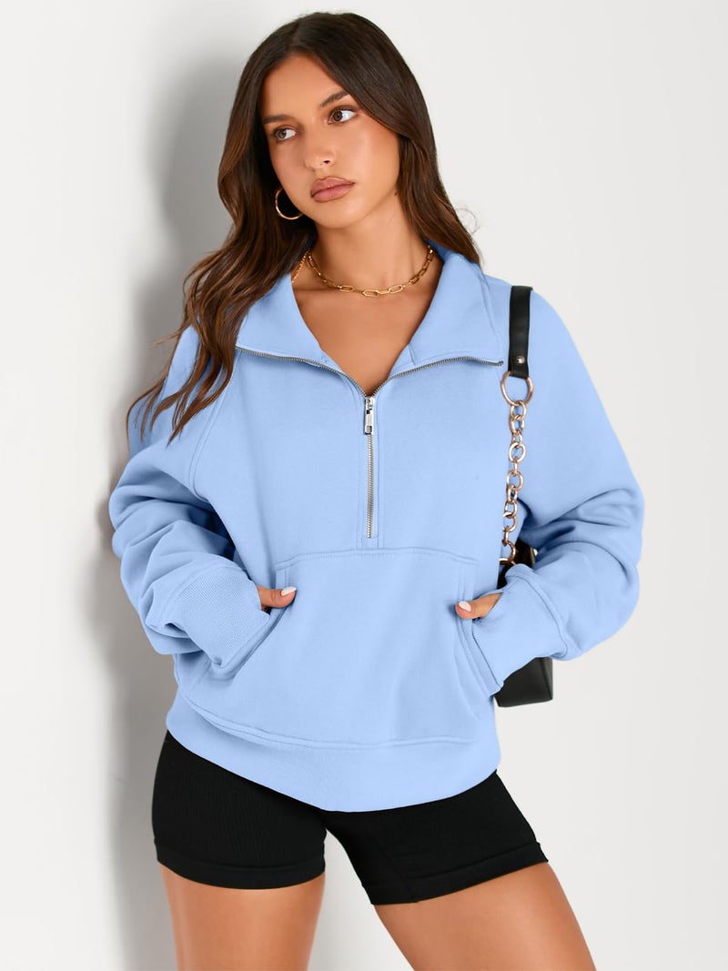 AUTOMET Womens Sweatshirts Half Zip Cropped Pullover Fleece Quarter Zipper Sweater Hoodies 2026 Fall Fashion Outfits Clothes LightBlue Medium - Image 2