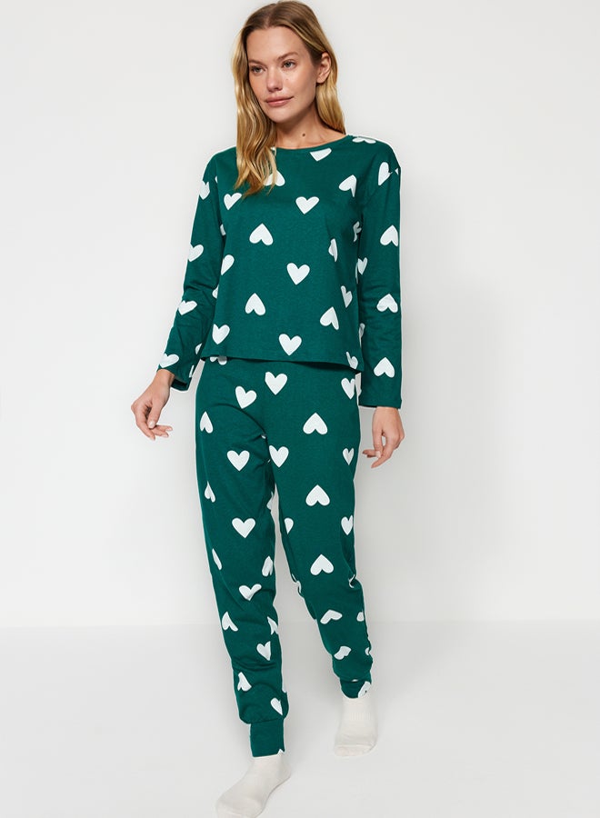 trendyol Emerald Green 100% Cotton Heart Knitted Pajama Set  - Image 1