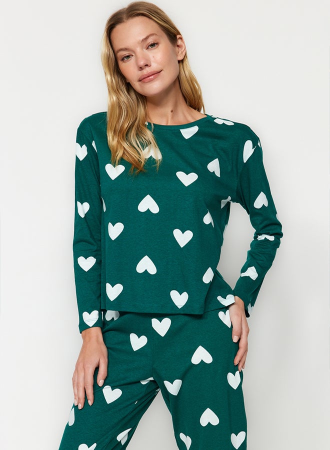 trendyol Emerald Green 100% Cotton Heart Knitted Pajama Set  - Image 2