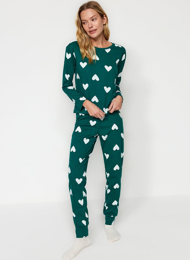 trendyol Emerald Green 100% Cotton Heart Knitted Pajama Set  - Image 3