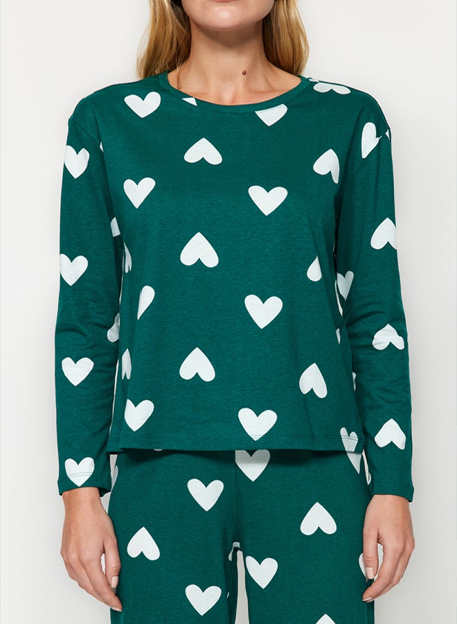 trendyol Emerald Green 100% Cotton Heart Knitted Pajama Set  - Image 4