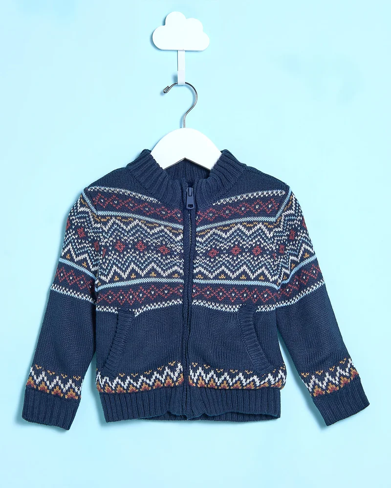 Redtag Infant Boys Navy Front Zip Sweater With Fleece