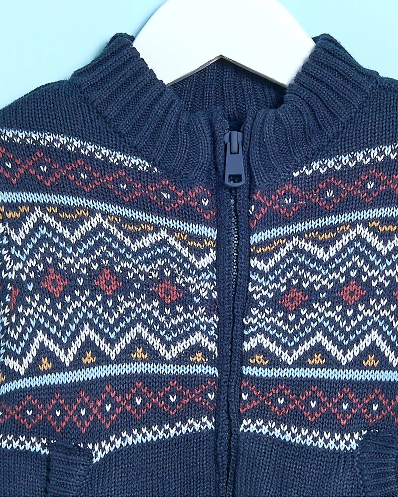 Redtag Infant Boys Navy Front Zip Sweater With Fleece