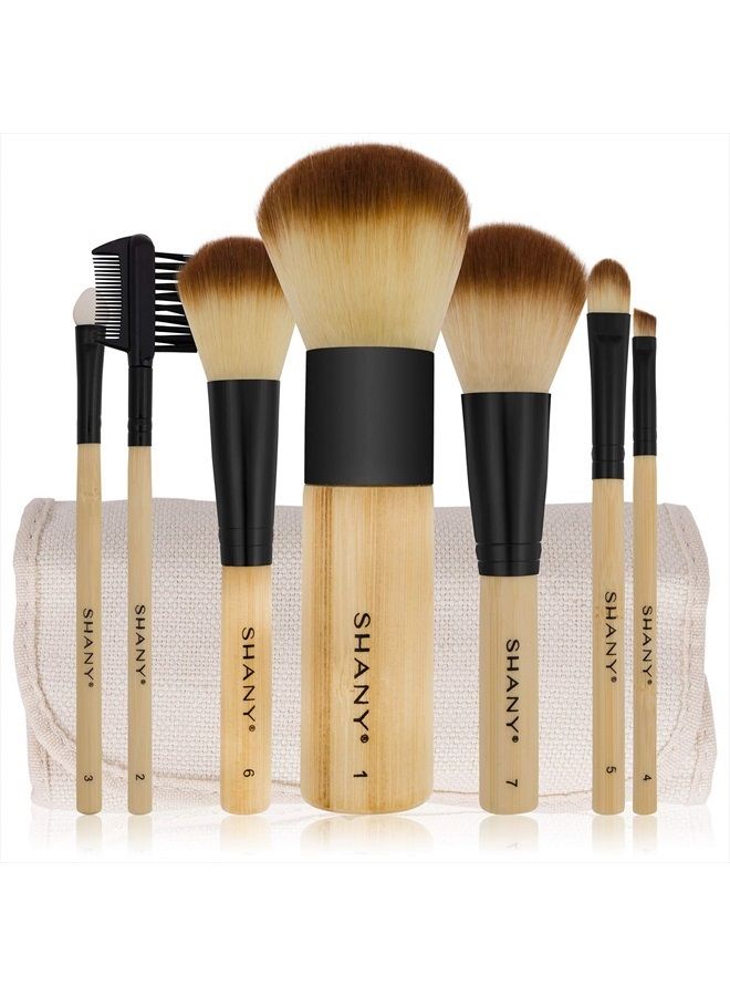 Shany Bamboo Makeup Brush Set - Vegan Brushes With Premium Synthetic Hair & Cotton Pouch - 7pc - Image 1