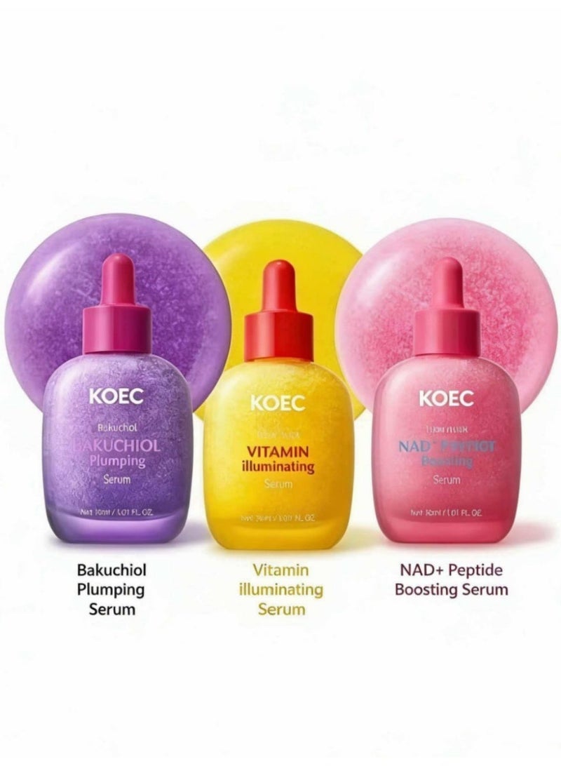 ك أو إي سي KOEC طقم سيروم كوري 3 في 1 لمكافحة الشيخوخة – سيروم NAD+ ببتيد للشد + سيروم باكوشيول للامتلاء + سيروم فيتامين سي للإشراق – ترطيب ثلاثي مع سيراميد ومضادات أكسدة (3×30 مل) - Image 1