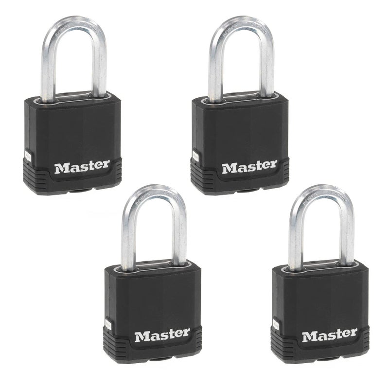 Master Lock Black Outdoor Key Lock Heavy Duty Weather Resistant Padlock with Cover Keyed Alike Padlocks for Outdoor Use 4 Pack M115XQLF