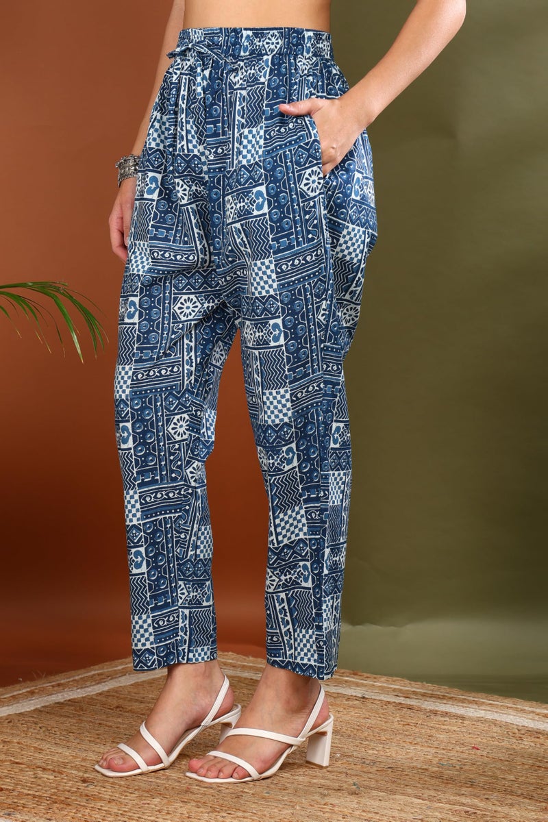 Yash Gallery Women's Cotton Geometrical Print Calf Length Shirt Collar 3/4th Sleeve Straight Kurta With Pant And Dupatta (Blue, XL) - Image 4