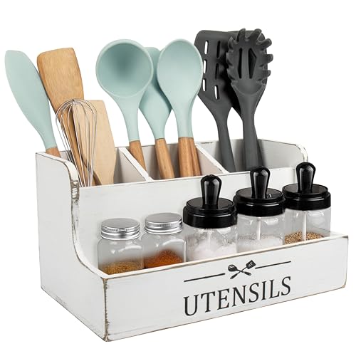 RedCall Extra Large Kitchen Utensils Holder 4 Compartments,Wood Utensil Organizer for Kitchen Countertop,Farmhouse Cooking Utensil Holder with Spice Storage space (Antique) - Image 1