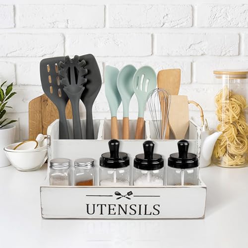 RedCall Extra Large Kitchen Utensils Holder 4 Compartments,Wood Utensil Organizer for Kitchen Countertop,Farmhouse Cooking Utensil Holder with Spice Storage space (Antique) - Image 2