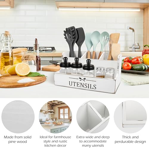 RedCall Extra Large Kitchen Utensils Holder 4 Compartments,Wood Utensil Organizer for Kitchen Countertop,Farmhouse Cooking Utensil Holder with Spice Storage space (Antique) - Image 3