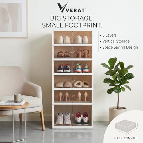 VERAT 6 Tier Shoe Stack Foldable Shoe Organizer with Wheels – 6 Slot Shoe Rack Storage Cabinet with Clear Magnetic Doors, Dust & Moisture-Proof Multipurpose Organizer for Entryway, Bedroom & Closet - Image 3