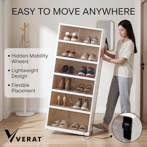VERAT 6 Tier Shoe Stack Foldable Shoe Organizer with Wheels – 6 Slot Shoe Rack Storage Cabinet with Clear Magnetic Doors, Dust & Moisture-Proof Multipurpose Organizer for Entryway, Bedroom & Closet - Image 4
