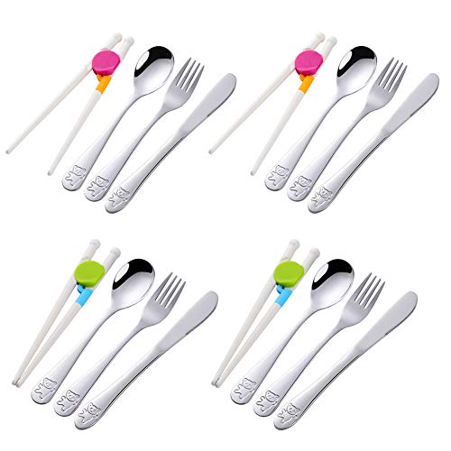 Poylim Stainless Steel Kids Utensils with Training Chopsticks | Toddler Silverware | Kids Silverware | Spoon + Fork + Knife + Chopsticks set | 4-12 Years+ | 12 Pieces | Dishwasher Safe | Silver - Image 1