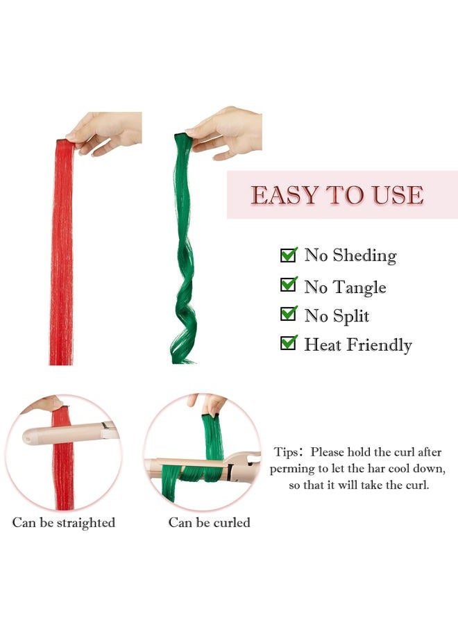 FESHFEN إضافات الشعر الملونة - 12 قطعة شعر مستقيم صناعي مع خصل حمراء وخضراء لعيد الميلاد بطول 22 بوصة - Image 4