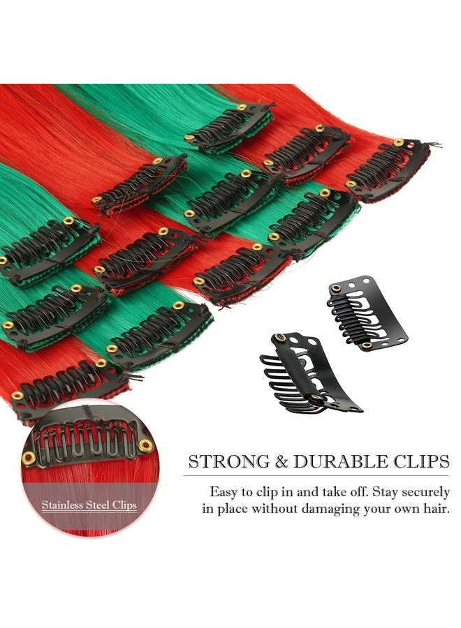 FESHFEN إضافات الشعر الملونة - 12 قطعة شعر مستقيم صناعي مع خصل حمراء وخضراء لعيد الميلاد بطول 22 بوصة - Image 3