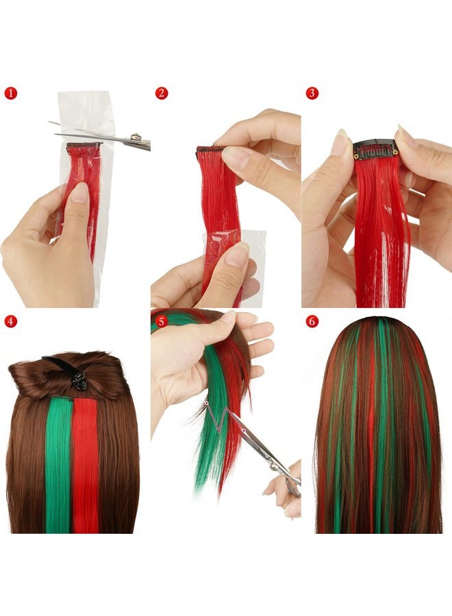 FESHFEN إضافات الشعر الملونة - 12 قطعة شعر مستقيم صناعي مع خصل حمراء وخضراء لعيد الميلاد بطول 22 بوصة - Image 5