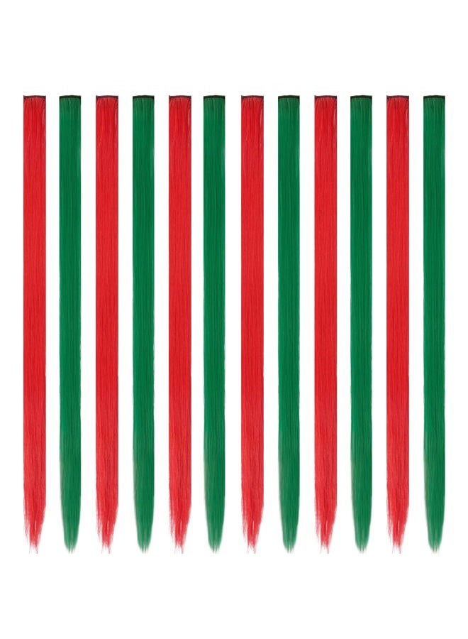 FESHFEN إضافات الشعر الملونة - 12 قطعة شعر مستقيم صناعي مع خصل حمراء وخضراء لعيد الميلاد بطول 22 بوصة - Image 2