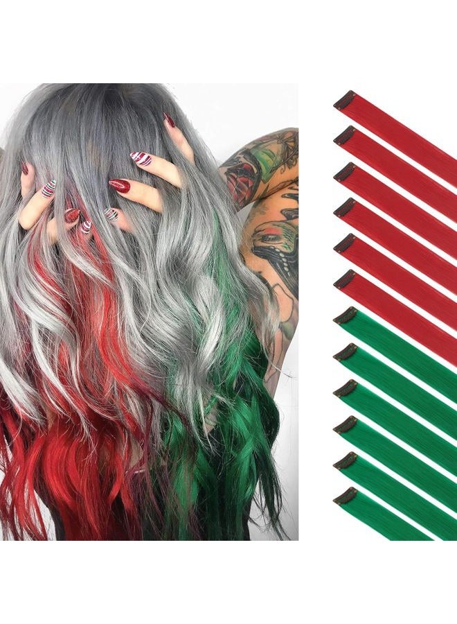 FESHFEN إضافات الشعر الملونة - 12 قطعة شعر مستقيم صناعي مع خصل حمراء وخضراء لعيد الميلاد بطول 22 بوصة - Image 1