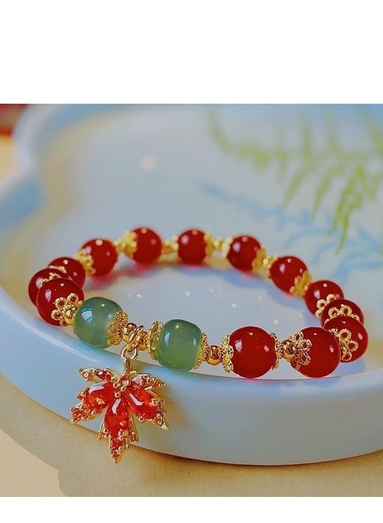 سوار عتيق من أوراق القيقب الأحمر للنساء - تصميم إبداعي من المجوهرات المرصعة بالخرز، هدية أنيقة من بوهو لأفضل الأصدقاء، إكسسوار معصم مصنوع يدويًا مستوحى من الخريف - Image 1