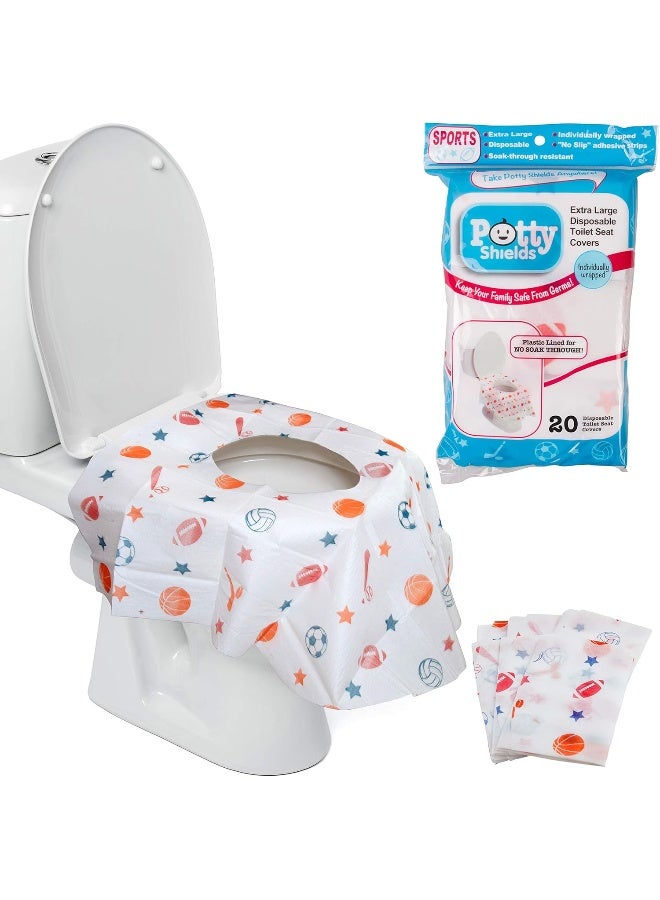 Potty Shields أغطية مقاعد المرحاض القابلة للتصرف (20 عبوة، رياضية) - غطاء مرحاض XL مقاوم للماء للأطفال، والكبار - محمول ومغلف بشكل فردي للسفر، وتدريب الحمام، والحمامات العامة - Image 1