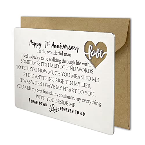 YODOCAMP 1 Year Wedding Anniversary Card for Husband Men, Happy 1st Anniversary Card Gifts for Him, Boyfriend From Wife Girlfriend, Engraved Metal Wallet Insert Anniversary Presents - Image 1