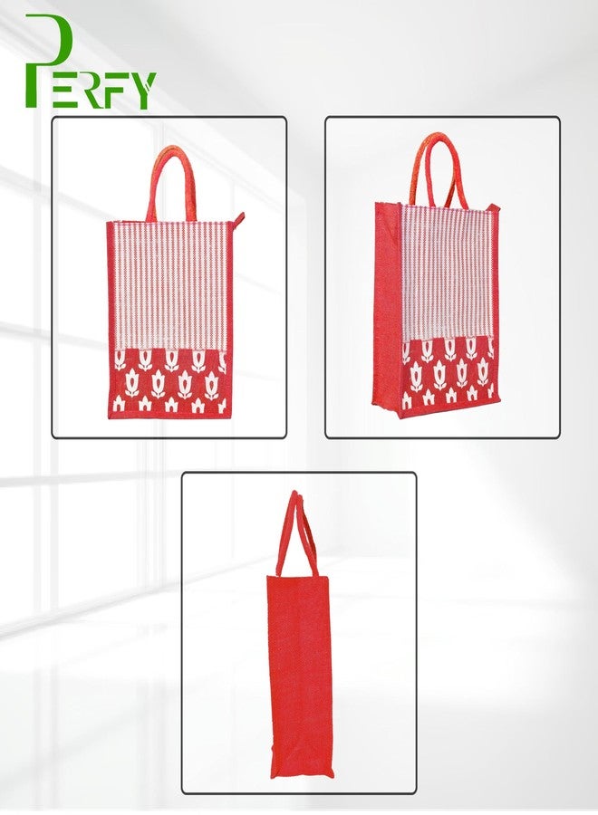Perfy Eco Friendly Reusable Jute Bag, Grocery Shopping Bag, Multi-Purpose Bag, Jute Lunch Bag, Solidly Built Handle with Zipper Lock, Striped Leaf and Flower Designed Jute Bag-Large (Red) - Image 5