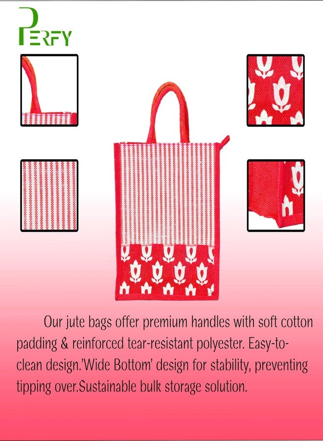 Perfy Eco Friendly Reusable Jute Bag, Grocery Shopping Bag, Multi-Purpose Bag, Jute Lunch Bag, Solidly Built Handle with Zipper Lock, Striped Leaf and Flower Designed Jute Bag-Large (Red) - Image 3