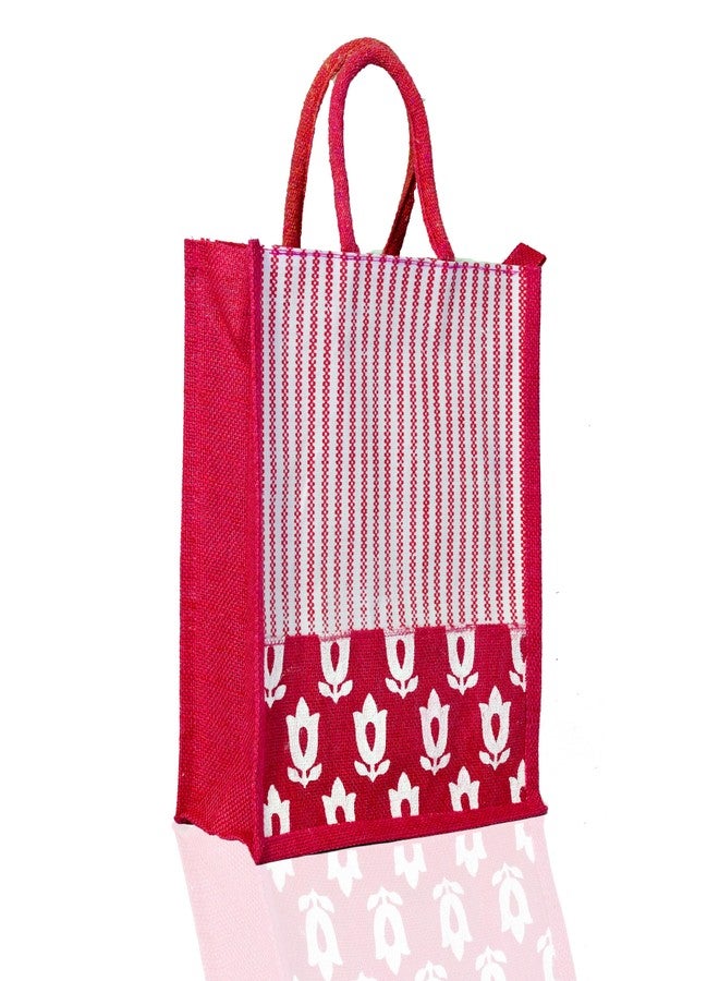 Perfy Eco Friendly Reusable Jute Bag, Grocery Shopping Bag, Multi-Purpose Bag, Jute Lunch Bag, Solidly Built Handle with Zipper Lock, Striped Leaf and Flower Designed Jute Bag-Large (Red) - Image 1
