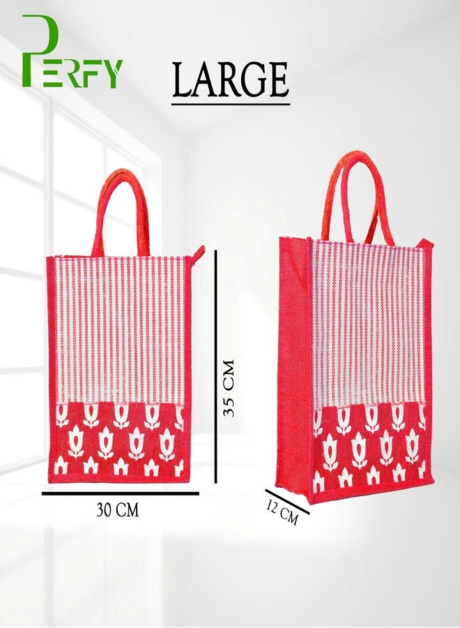 Perfy Eco Friendly Reusable Jute Bag, Grocery Shopping Bag, Multi-Purpose Bag, Jute Lunch Bag, Solidly Built Handle with Zipper Lock, Striped Leaf and Flower Designed Jute Bag-Large (Red) - Image 4