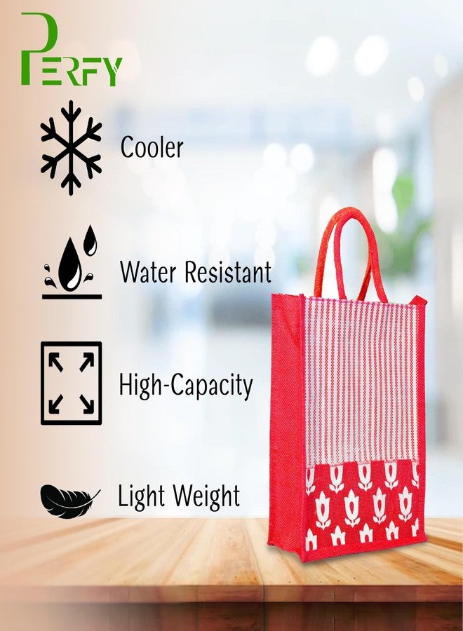 Perfy Eco Friendly Reusable Jute Bag, Grocery Shopping Bag, Multi-Purpose Bag, Jute Lunch Bag, Solidly Built Handle with Zipper Lock, Striped Leaf and Flower Designed Jute Bag-Large (Red) - Image 2