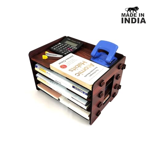 Woodkey Office File Tray A4 Desk Tidy Stationery Organiser with Free Mobile Holder | 4-Tier Document, Paper & Letter Tray | Multipurpose Desk Storage Rack for Home & Office (Rolex Darkwood), Brown - Image 2