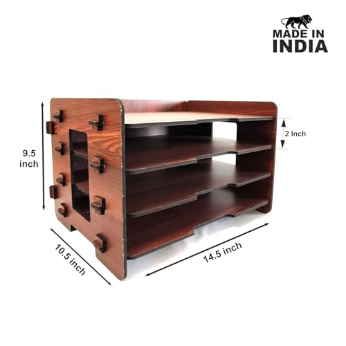 Woodkey Office File Tray A4 Desk Tidy Stationery Organiser with Free Mobile Holder | 4-Tier Document, Paper & Letter Tray | Multipurpose Desk Storage Rack for Home & Office (Rolex Darkwood), Brown - Image 3