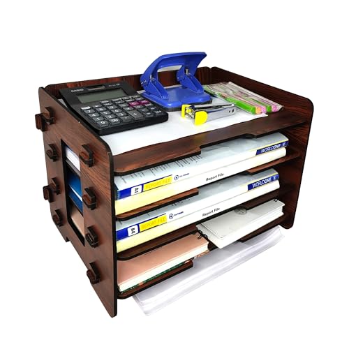 Woodkey Office File Tray A4 Desk Tidy Stationery Organiser with Free Mobile Holder | 4-Tier Document, Paper & Letter Tray | Multipurpose Desk Storage Rack for Home & Office (Rolex Darkwood), Brown - Image 1