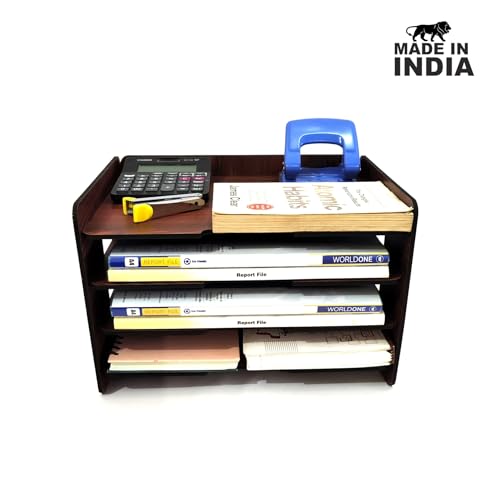 Woodkey Office File Tray A4 Desk Tidy Stationery Organiser with Free Mobile Holder | 4-Tier Document, Paper & Letter Tray | Multipurpose Desk Storage Rack for Home & Office (Rolex Darkwood), Brown - Image 5