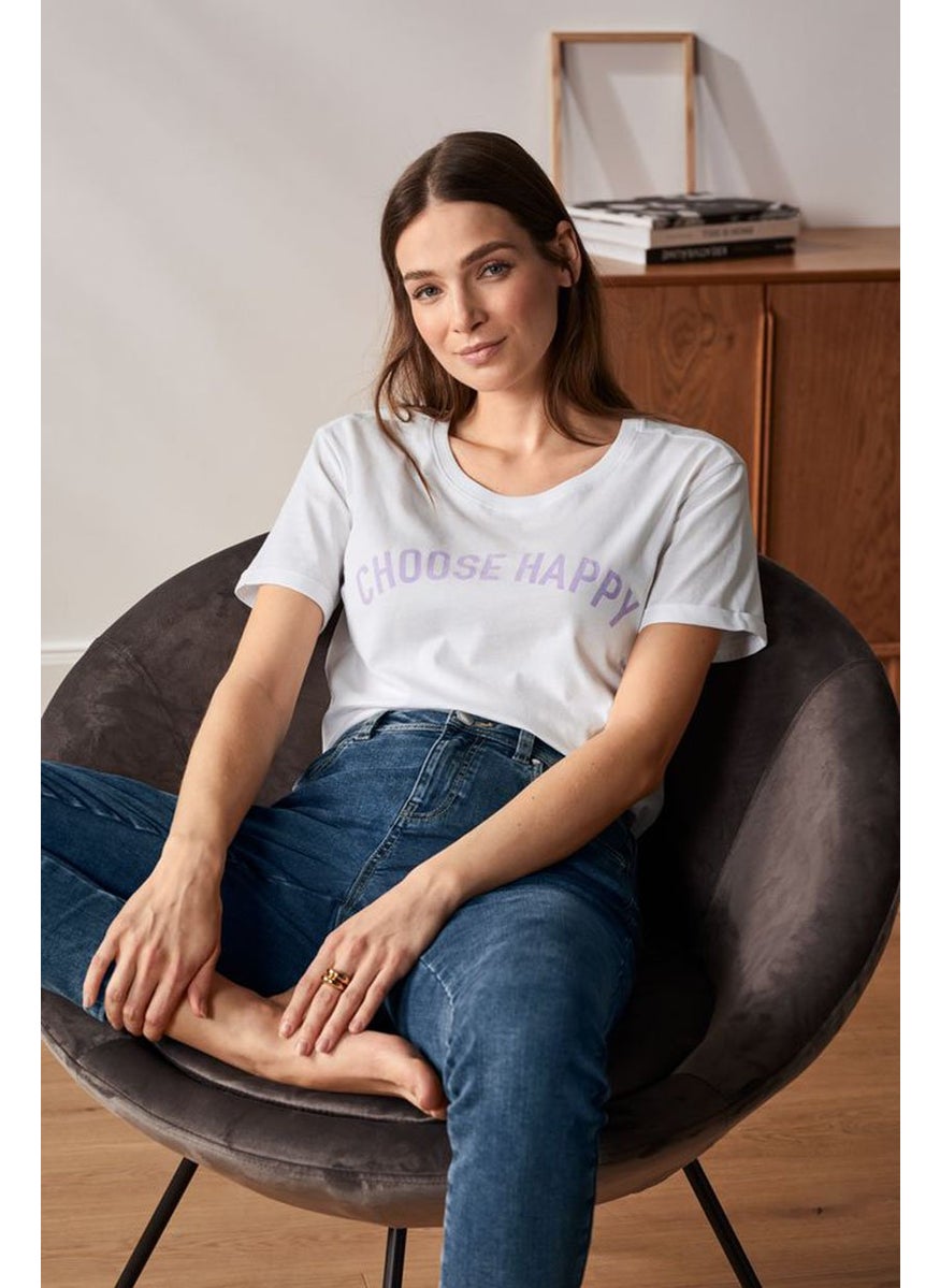 Tchibo Women Crew Neck Shorts Sleeve Graphic Shirt, White and Purple  - Image 1