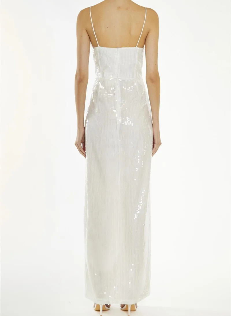 True Decadence Crystal White Translucent-Sequin Ruffle-Split Maxi-Dress