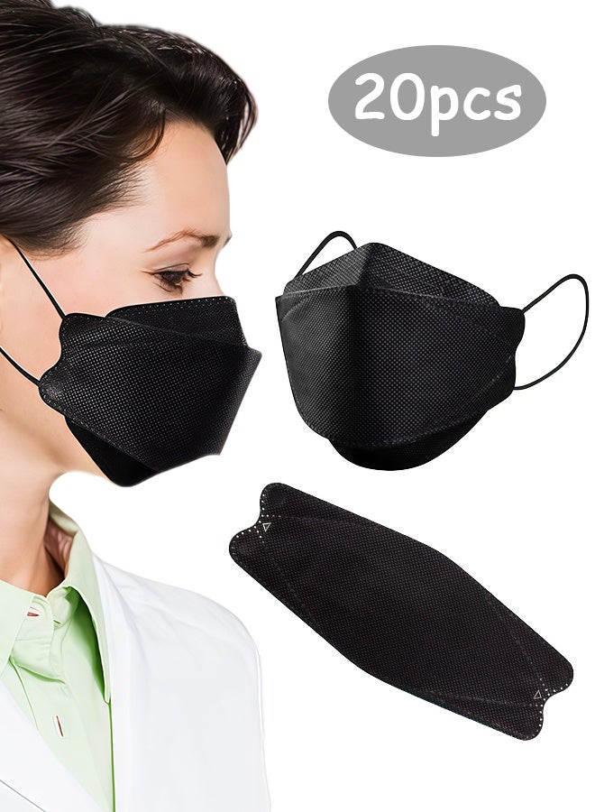 قناع وجه ثلاثي الأبعاد للاستخدام مرة واحدة KF94، قناع واقٍ من أربع طبقات بتصميم يشبه قناع السمك، أقنعة وجه مريحة وجيدة التهوية للاستخدام اليومي، أسود، 20 قطعة - Image 1