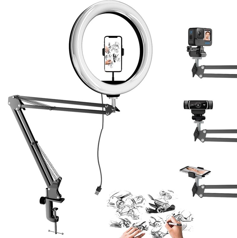 ADZOY Premium 10 Inch LED Ring Light (3 Modes) and 10 Level Brightness, Overhead Suspension Arm with Mobile Holder Bracket for Baking, Craft, Calligraphy, Drawing, Broadcasting and Video Recording - Image 1