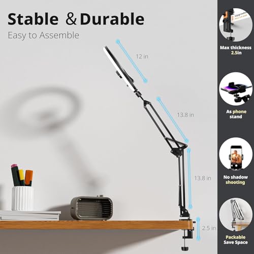 ADZOY Premium 10 Inch LED Ring Light (3 Modes) and 10 Level Brightness, Overhead Suspension Arm with Mobile Holder Bracket for Baking, Craft, Calligraphy, Drawing, Broadcasting and Video Recording - Image 5