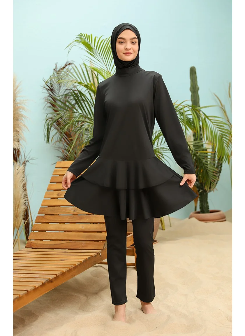 Sefa Merve Flounce Hijab Swimsuit 2215-01 Black