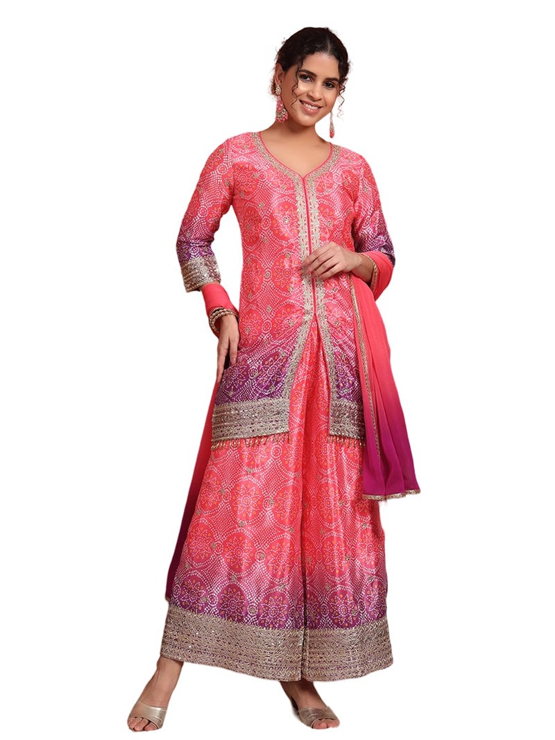 SHOPPING QUEEN Women's Silk Blend Bandhani Kurta and Palazzo Set (A581_Pink_L) - Image 1