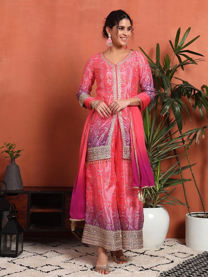 SHOPPING QUEEN Women's Silk Blend Bandhani Kurta and Palazzo Set (A581_Pink_L) - Image 3