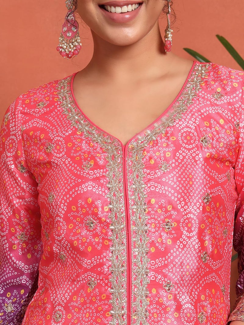 SHOPPING QUEEN Women's Silk Blend Bandhani Kurta and Palazzo Set (A581_Pink_L) - Image 4