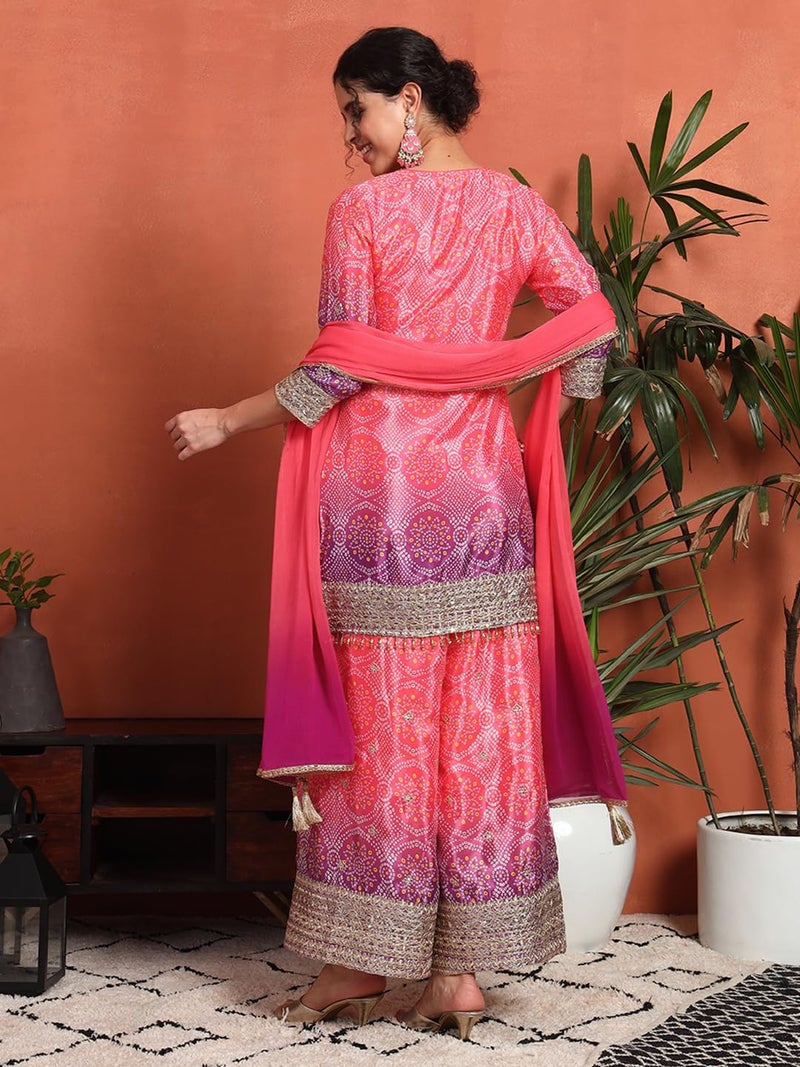 SHOPPING QUEEN Women's Silk Blend Bandhani Kurta and Palazzo Set (A581_Pink_L) - Image 2