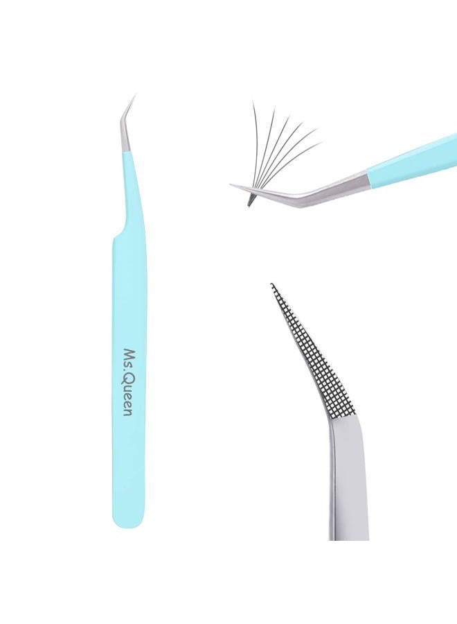 Ms.Queen Eyelash Extensions Tweezers,Professional Fiber Tip 45 Degree Lashing Tweezers for Volume Lash Extensions, Blue - Image 1